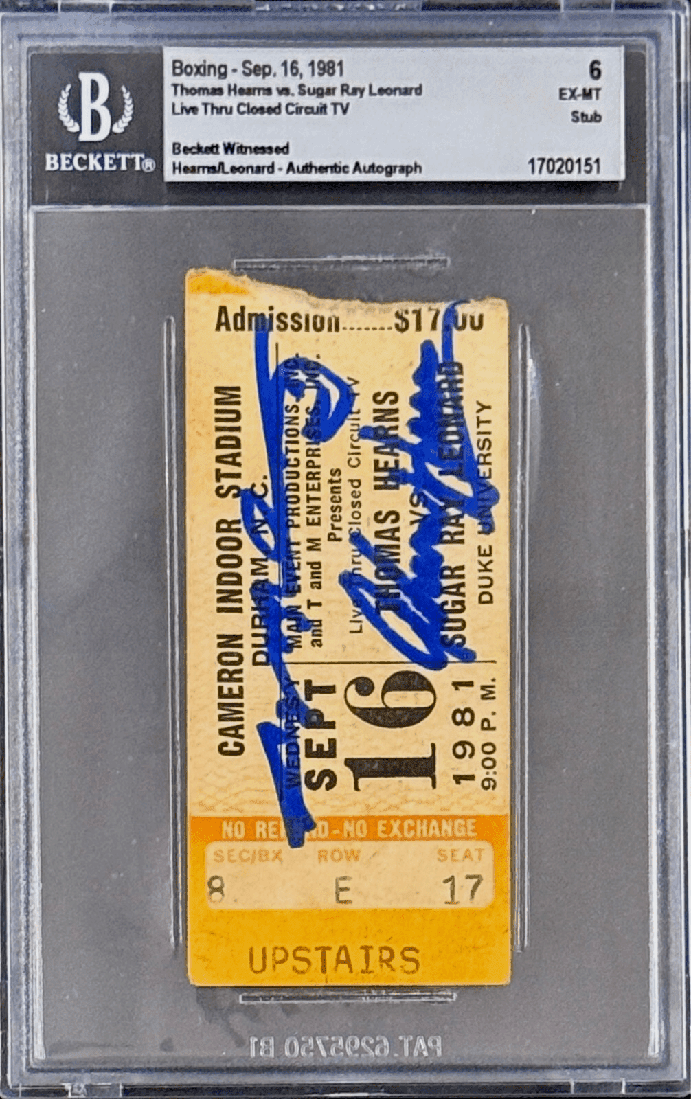 Thomas Hearns Sugar Ray Leonard Signed CCTV Ticket Leonard Wins WBA Title BAS Sugar Ray Leonard Ticket Stub thomas-hearns-sugar-ray-leonard-cctv, view 2, supplier stock photo