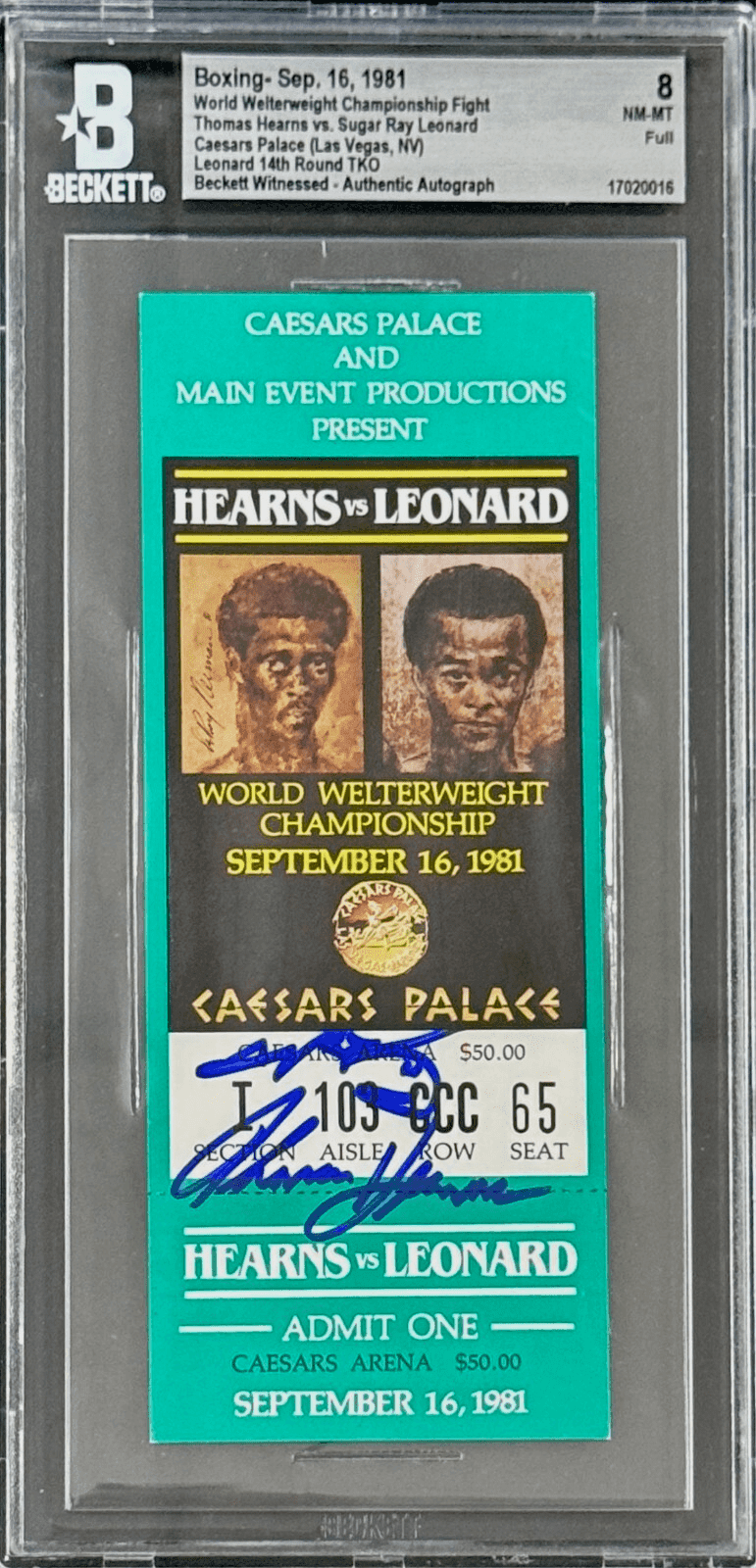 Thomas Hearns Sugar Ray Leonard Signed Ticket Leonard Wins WBA Title BAS 8 Green Sugar Ray Leonard Ticket Stub thomas-hearns-sugar-ray-leonard-wins, supplier stock photo
