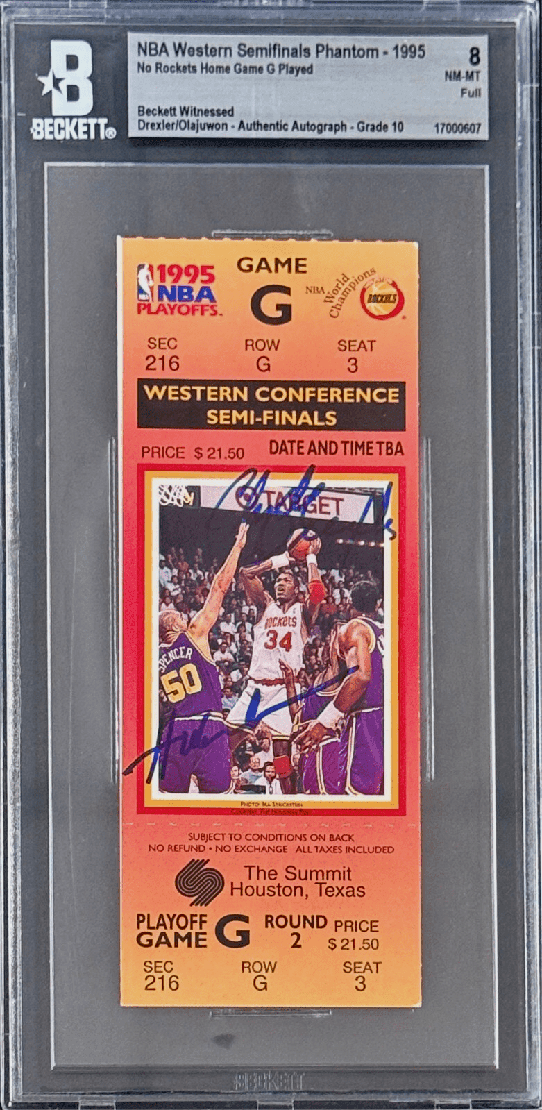 Hakeem Olajuwon Clyde Drexler Signed 95 NBA W. Semifinals Phantom Ticket BAS 8 Hakeem Olajuwon Ticket Stub hakeem-olajuwon-clyde-drexler-95-nba, Houston Rockets, supplier stock photo