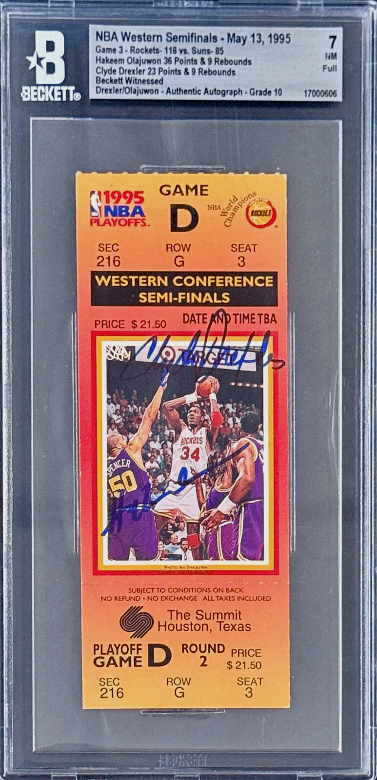 Hakeem Olajuwon Clyde Drexler Signed 95 NBA W. Semifinals Game 3 Ticket BAS 7 Hakeem Olajuwon Ticket Stub hakeem-olajuwon-clyde-drexler-95-nba, Houston Rockets, supplier stock photo
