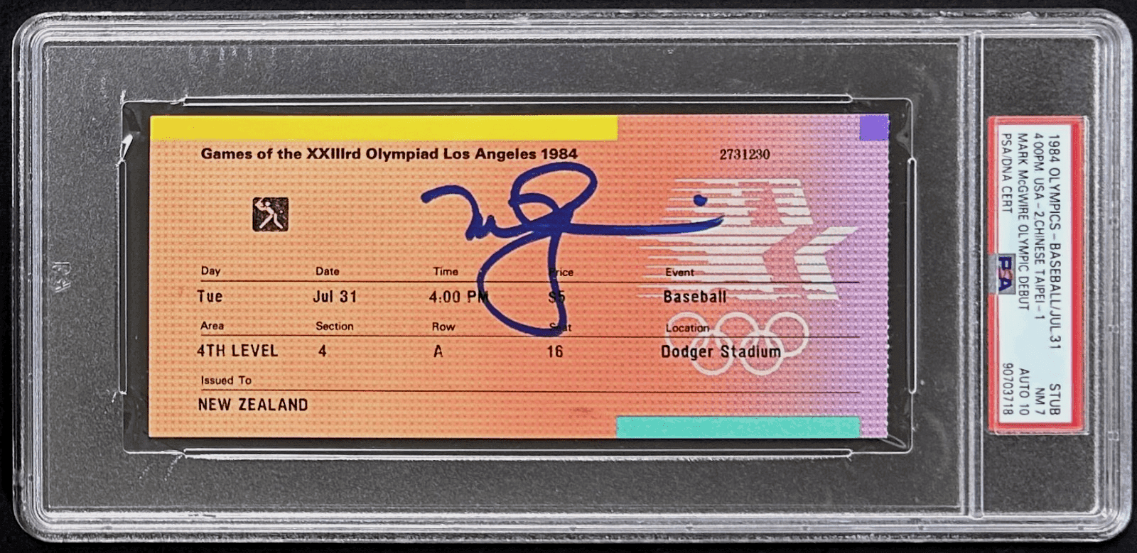 Mark McGwire 1984 Olympic Debut Signed July 31 1984 Ticket Stub PSA 90703718 USA Mark McGwire Ticket Stub 90703718, USA, supplier stock photo