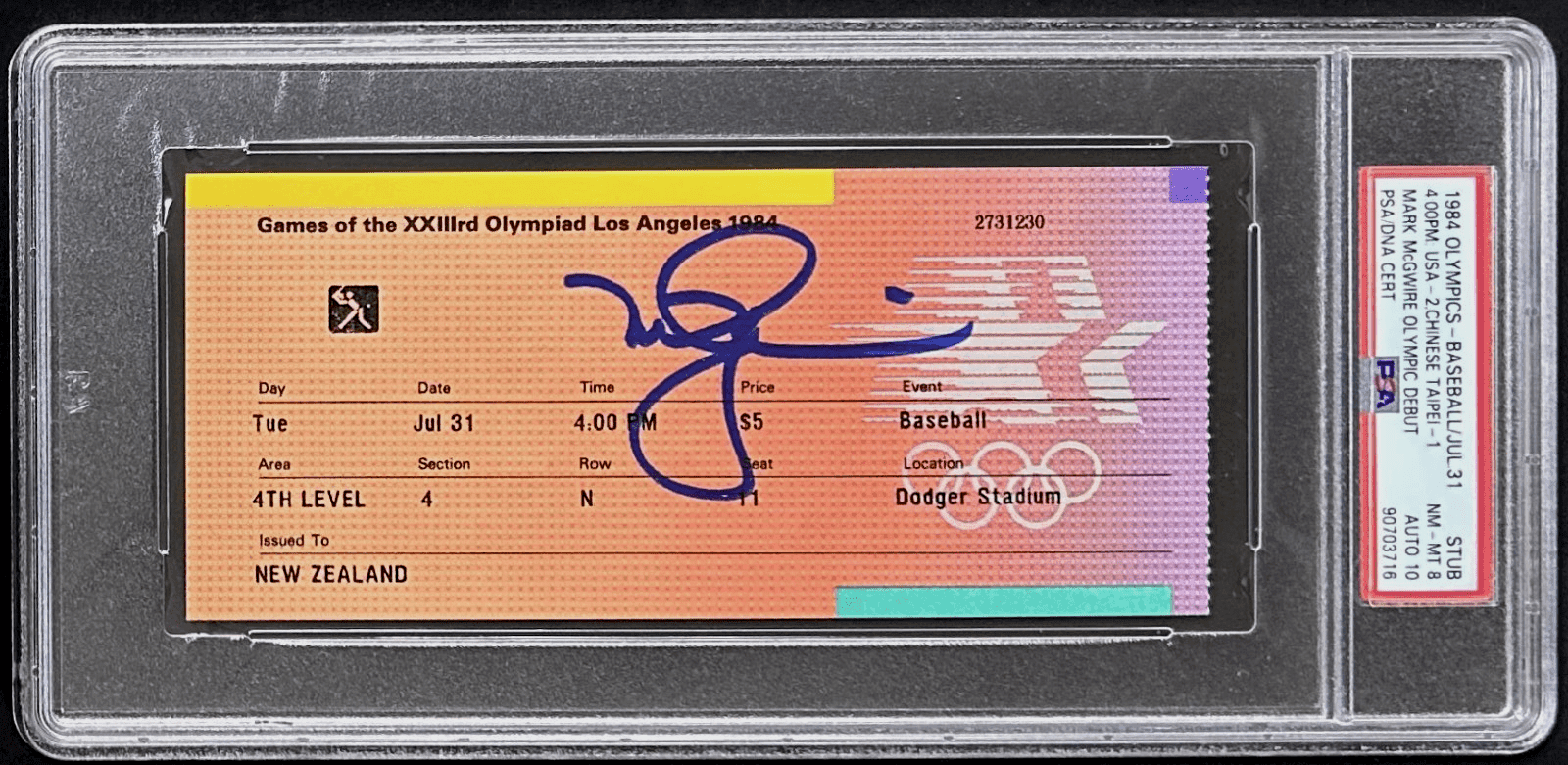 Mark McGwire 1984 Olympic Debut Signed July 31 1984 Ticket Stub PSA 90703716 USA Mark McGwire Ticket Stub 90703716, USA, supplier stock photo