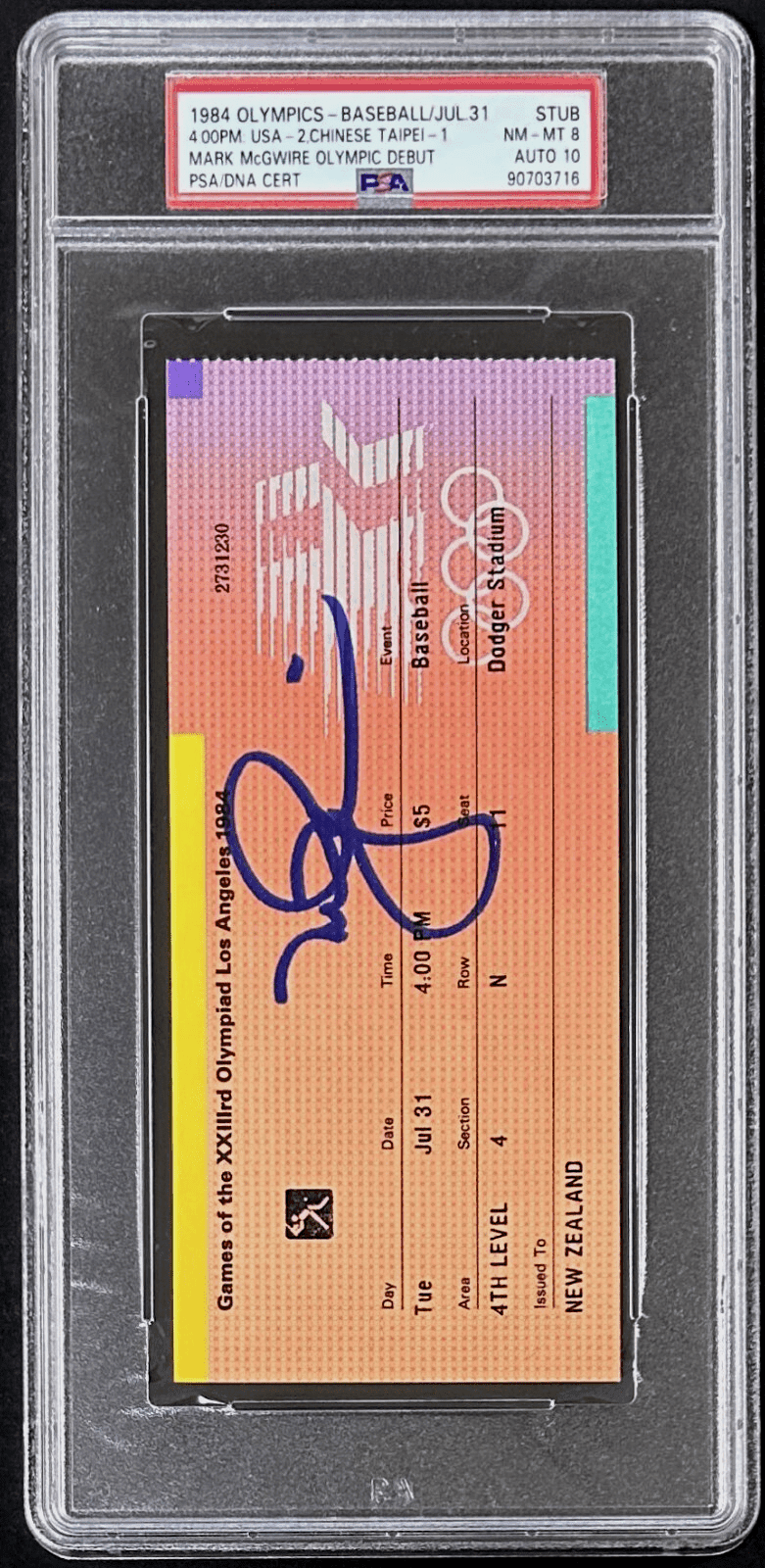 Mark McGwire 1984 Olympic Debut Signed July 31 1984 Ticket Stub PSA 90703716 USA Mark McGwire Ticket Stub 90703716, USA, view 2, supplier stock photo