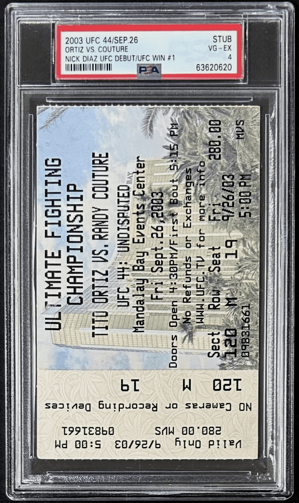 Nick Diaz Debut and 1st UFC Win Ticket Stub 2003 UFC 44 PSA VG-EX 4 Ticket Stub nick-diaz-debut-1st-ufc-win, view 2, supplier stock photo