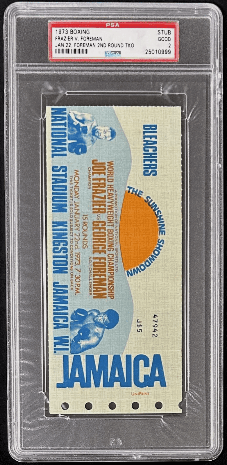 George Foreman vs Joe Frazier 1973 Boxing Ticket PSA 2 The Sunshine Showdown George Foreman Ticket Stub george-foreman-vs-joe-frazier-1973, view 2, supplier stock photo
