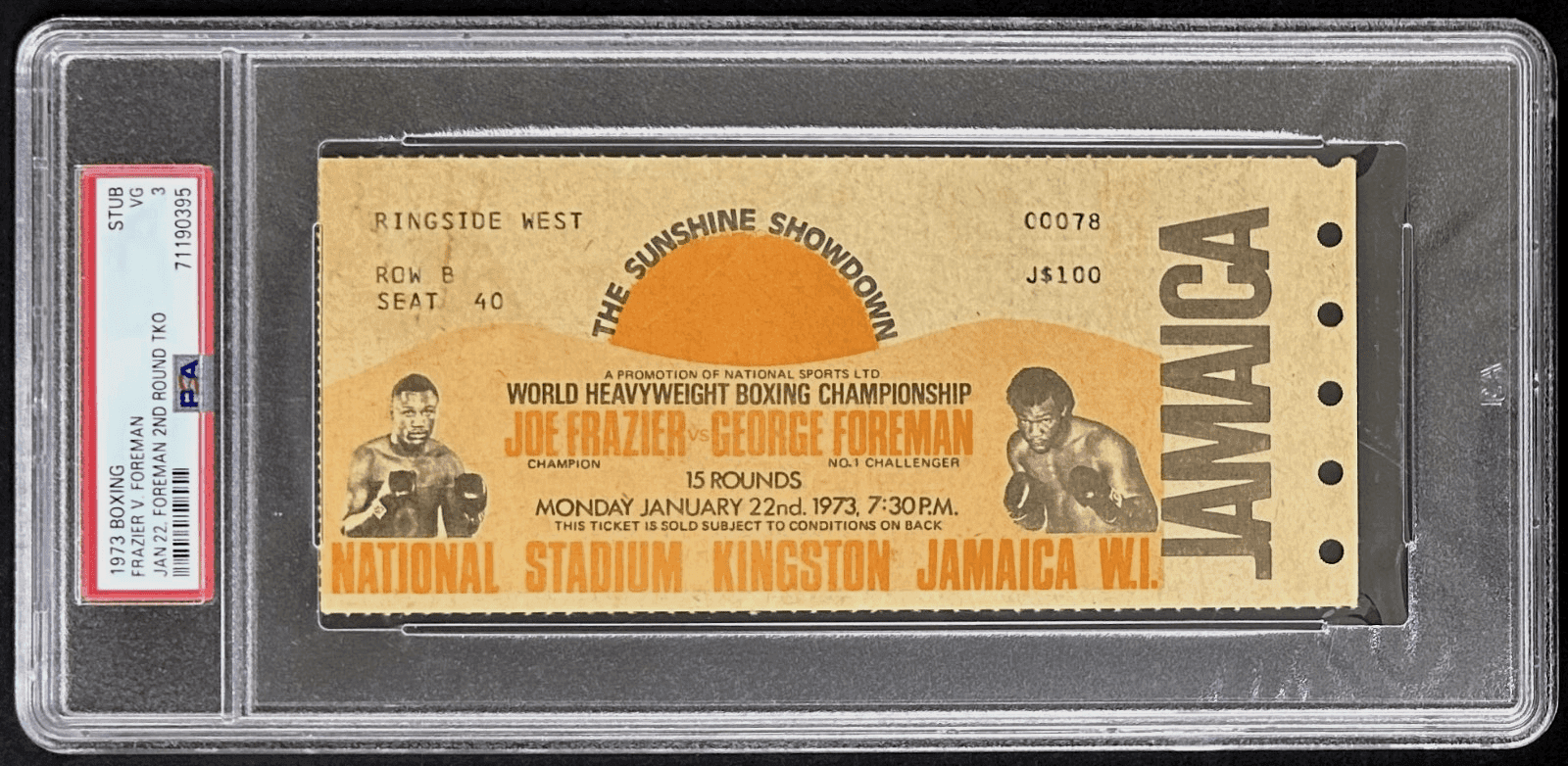 George Foreman vs Joe Frazier 1973 Boxing Ticket PSA 3 The Sunshine Showdown George Foreman Ticket Stub george-foreman-vs-joe-frazier-1973, supplier stock photo