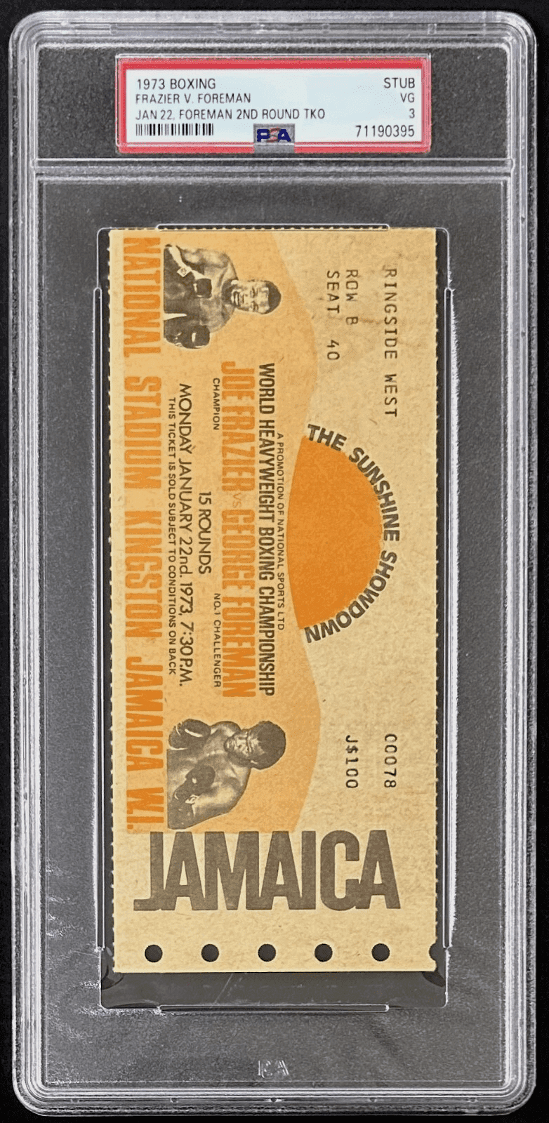 George Foreman vs Joe Frazier 1973 Boxing Ticket PSA 3 The Sunshine Showdown George Foreman Ticket Stub george-foreman-vs-joe-frazier-1973, view 2, supplier stock photo