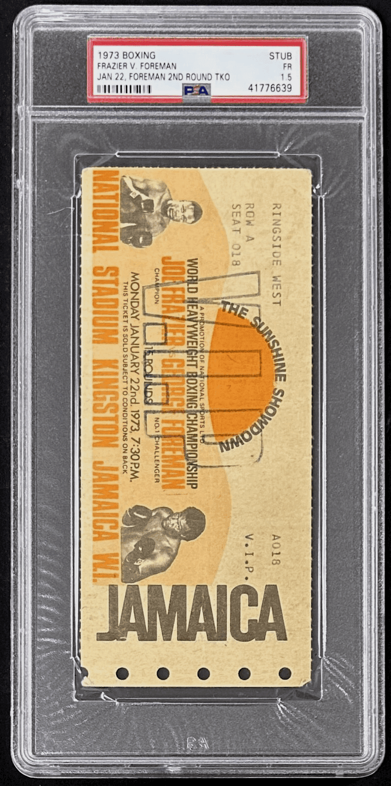 George Foreman vs Joe Frazier 1973 Boxing Ticket PSA 1.5 The Sunshine Showdown George Foreman Ticket Stub george-foreman-vs-joe-frazier-1973, view 2, supplier stock photo
