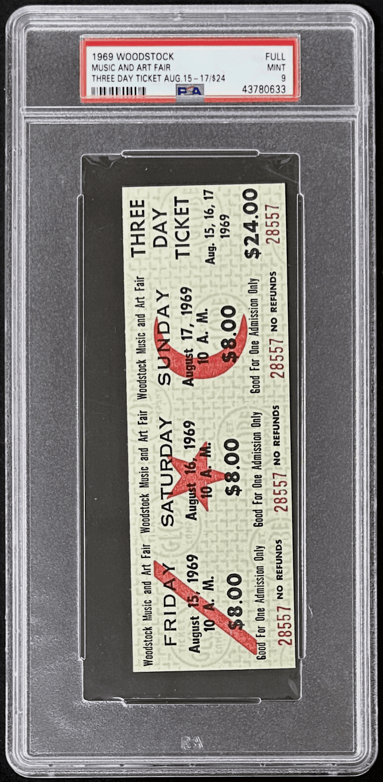 1969 Woodstock Festival 3 Day $8/$24 Ticket PSA Mint 9 Jimi Hendrix Janis Joplin Jimi Hendrix Ticket Stub 1969-woodstock-festival-3-day-8, view 2, supplier stock photo