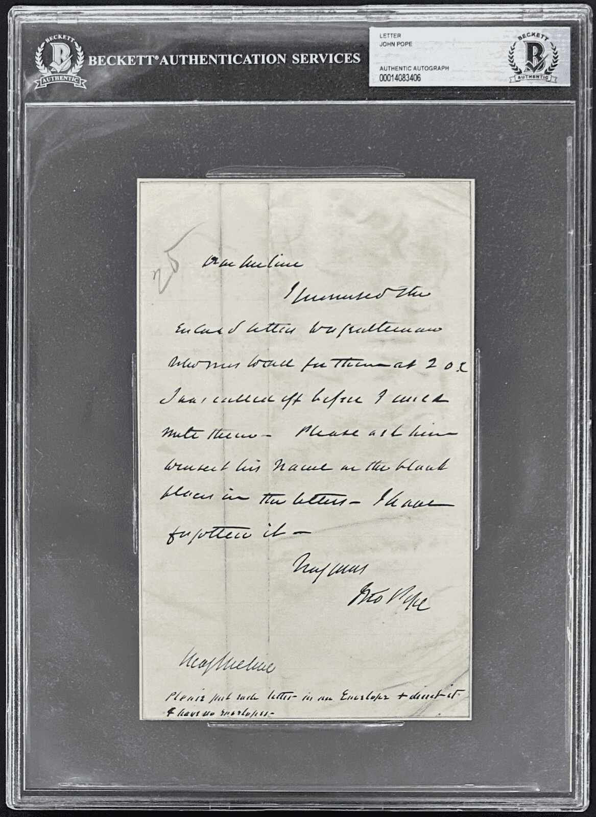 US General John Pope Signed Autographed Letter Beckett 14083406 Other 14083406, supplier stock photo
