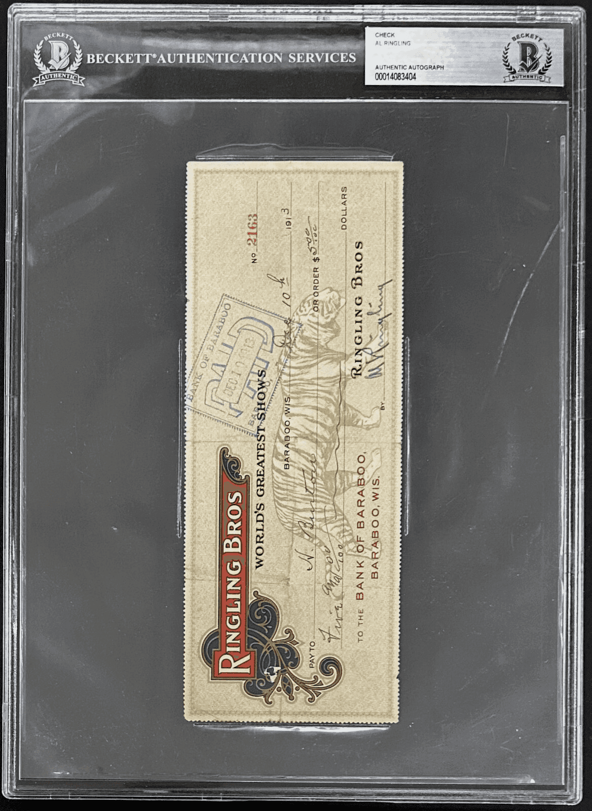 Al Ringling Signed Autographed 1913 Ringling Brothers Check Beckett 14083404 Al Ringling Other 14083404, view 2, supplier stock photo