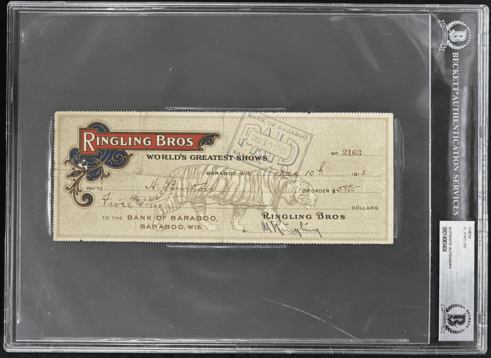 Al Ringling Signed Autographed 1913 Ringling Brothers Check Beckett 14083404 Al Ringling Other 14083404, supplier stock photo