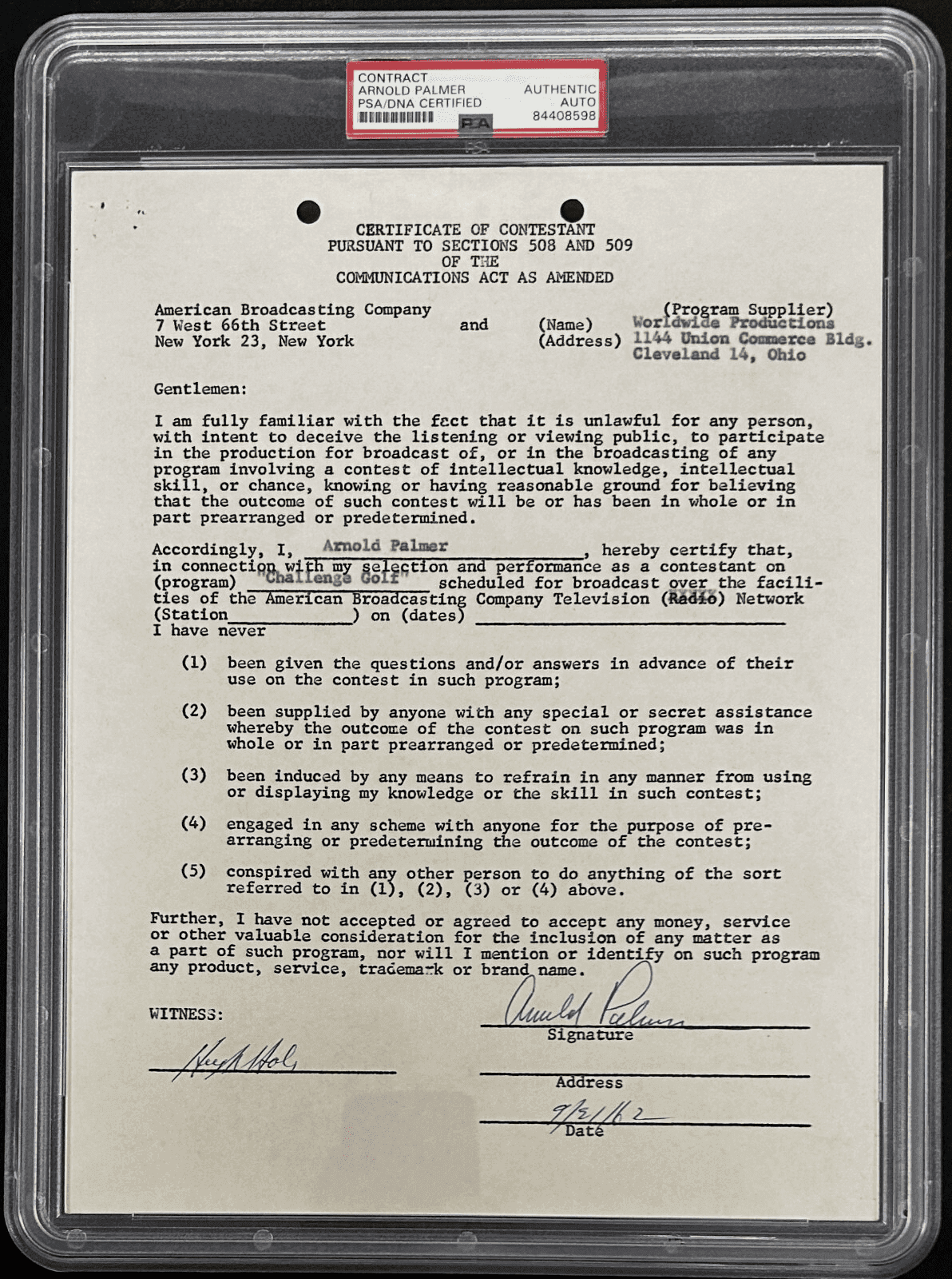 Arnold Palmer Signed Amer. Broadcasting Company “Challenge Golf” Contract PSA Arnold Palmer Photo arnold-palmer-amer-broadcasting-company, supplier stock photo