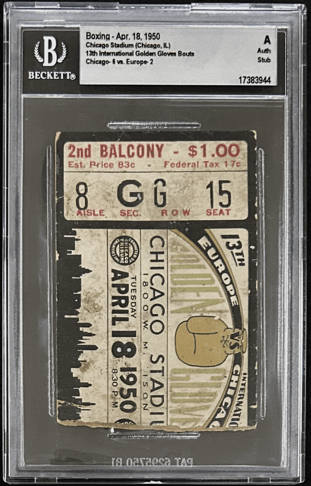 13th Boxing International Golden Gloves Bouts 4/18/1950 Ticket Stub Beckett Auth Ticket Stub 13th-boxing-international-golden-bouts-4, view 2, supplier stock photo