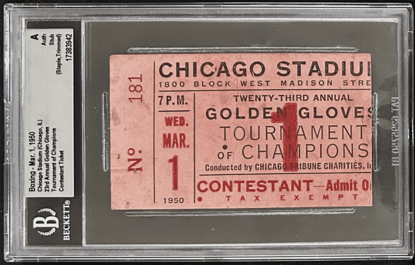 23rd Annual Golden Gloves Tournament of Champs 4/1/1950 Ticket Stub Beckett Auth Ticket Stub 23rd-annual-golden-tournament-champs-4, supplier stock photo