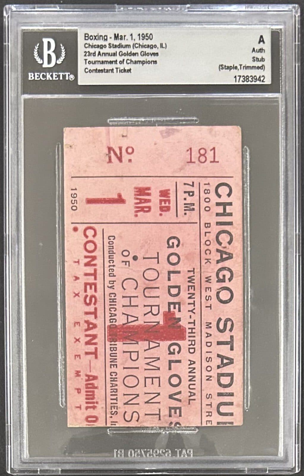 23rd Annual Golden Gloves Tournament of Champs 4/1/1950 Ticket Stub Beckett Auth Ticket Stub 23rd-annual-golden-tournament-champs-4, view 3, supplier stock photo