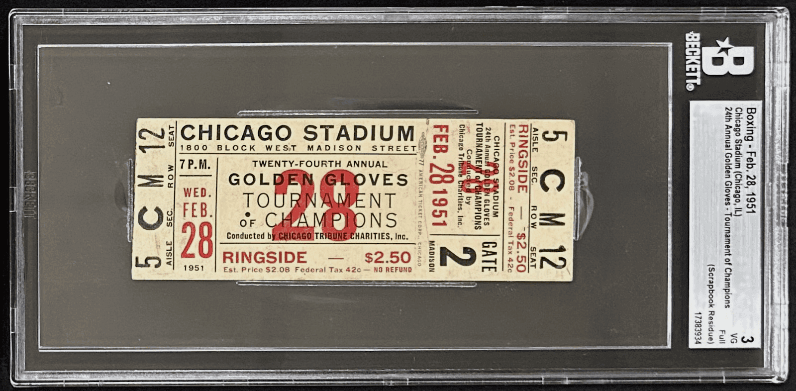 24th Annual Golden Gloves Tournament of Champs 2/28/51 Full Ticket Beckett 3 VG Ticket Stub 24th-annual-golden-tournament-champs-2, supplier stock photo
