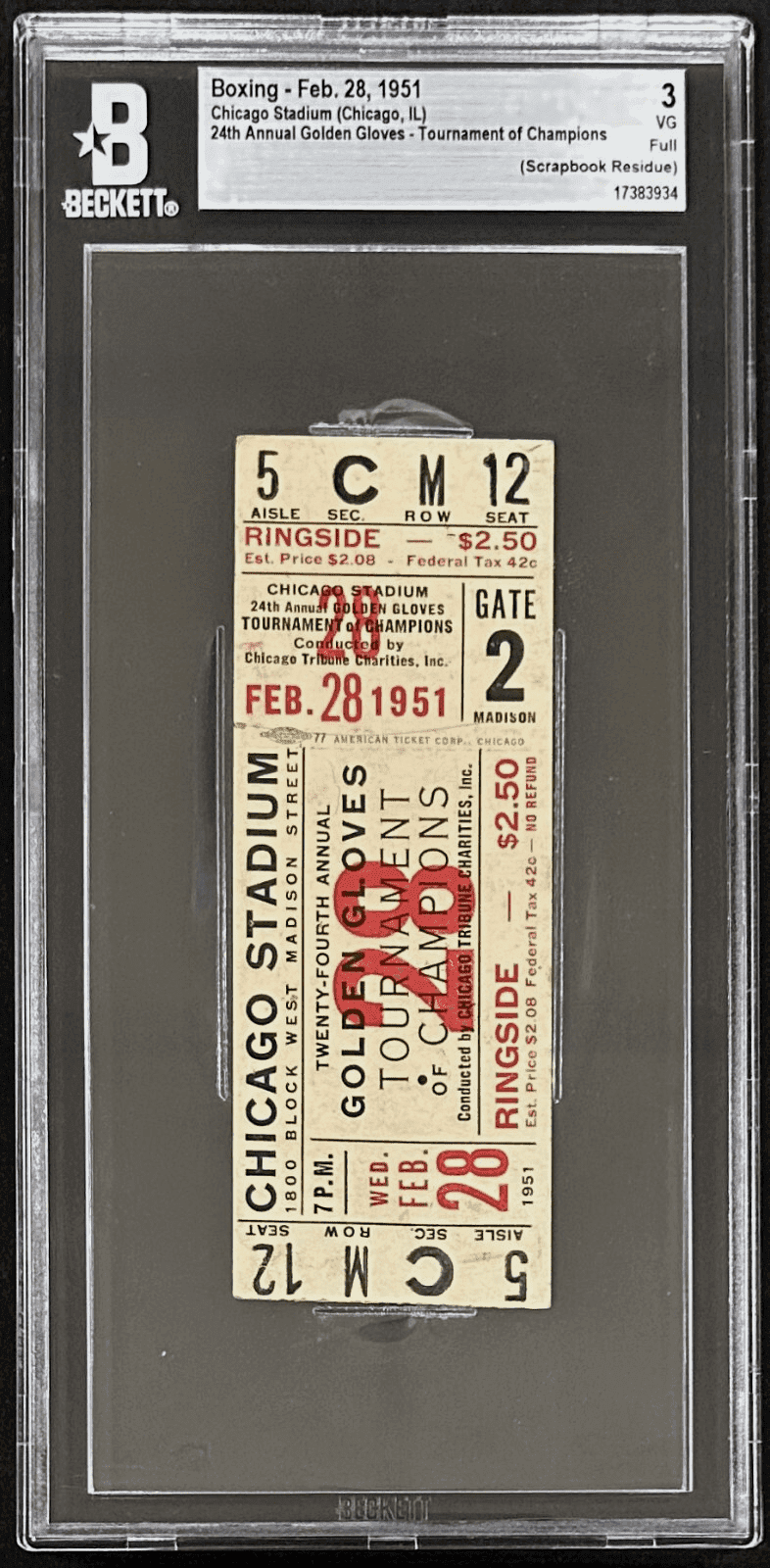 24th Annual Golden Gloves Tournament of Champs 2/28/51 Full Ticket Beckett 3 VG Ticket Stub 24th-annual-golden-tournament-champs-2, view 2, supplier stock photo