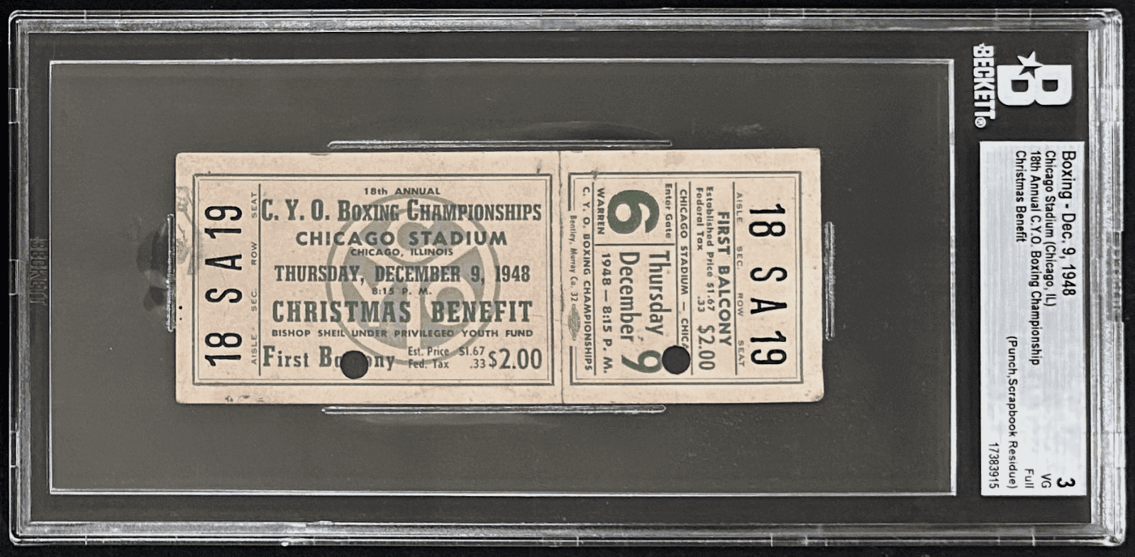 18th Annual CYO Boxing Championship Christmas Benefit Full Ticket Beckett 3 VG Ticket Stub 18th-annual-cyo-boxing-championship-christmas, supplier stock photo