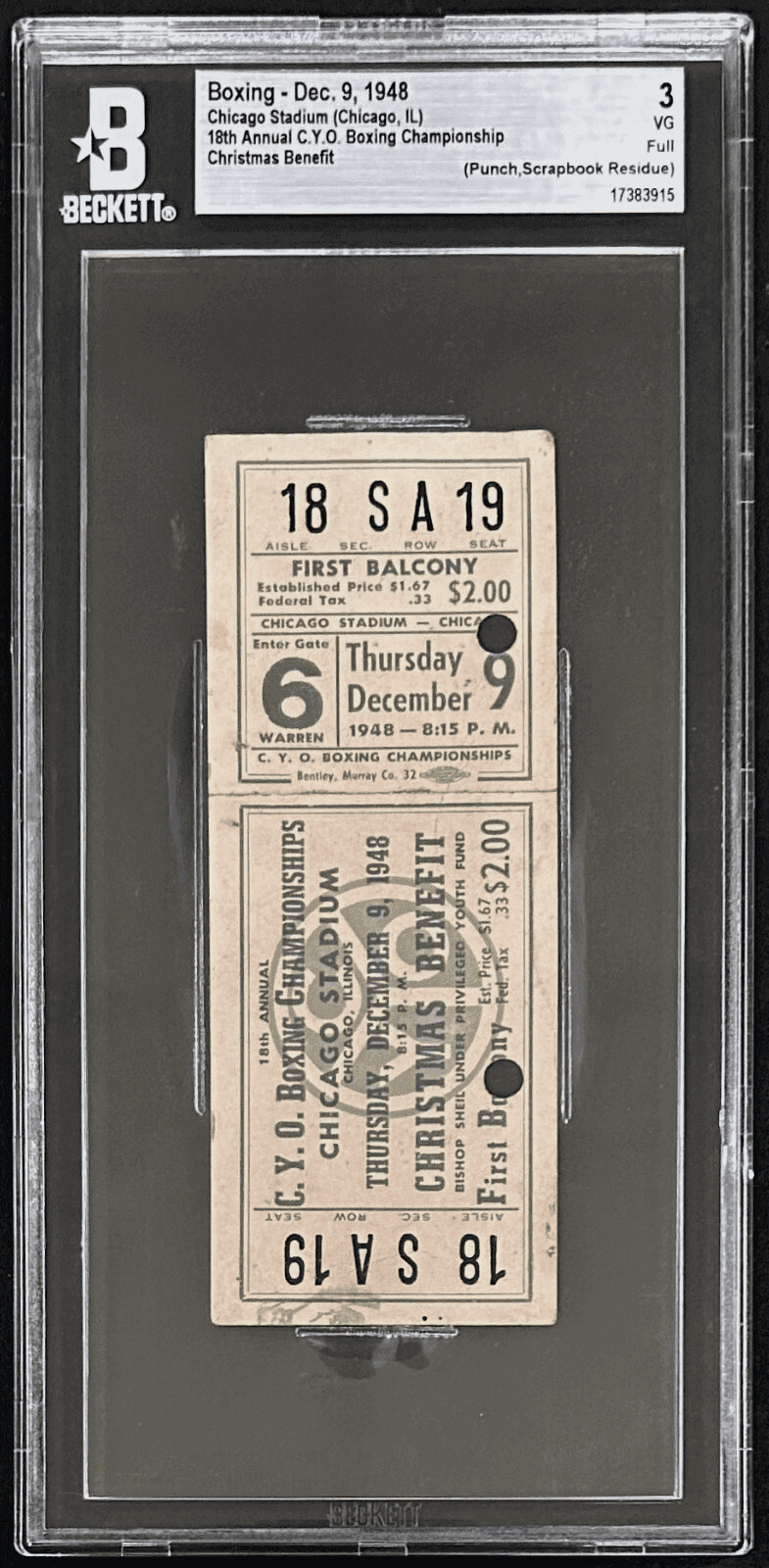 18th Annual CYO Boxing Championship Christmas Benefit Full Ticket Beckett 3 VG Ticket Stub 18th-annual-cyo-boxing-championship-christmas, view 2, supplier stock photo