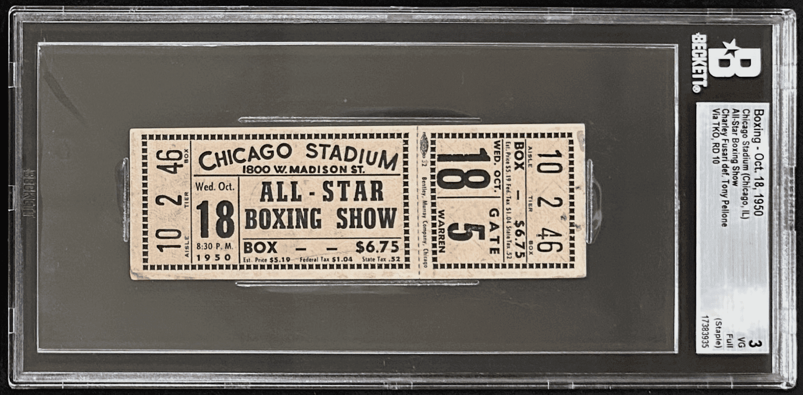 All Star Boxing Show 10/18/1950 Full Ticket BAS 3 VG Fusari vs Pellone Chicago Ticket Stub all-star-boxing-show-10-18, supplier stock photo