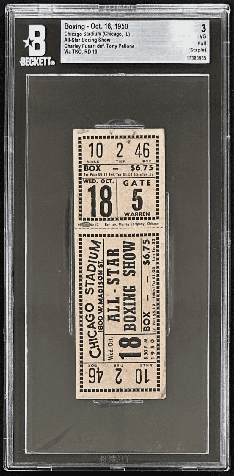All Star Boxing Show 10/18/1950 Full Ticket BAS 3 VG Fusari vs Pellone Chicago Ticket Stub all-star-boxing-show-10-18, view 2, supplier stock photo