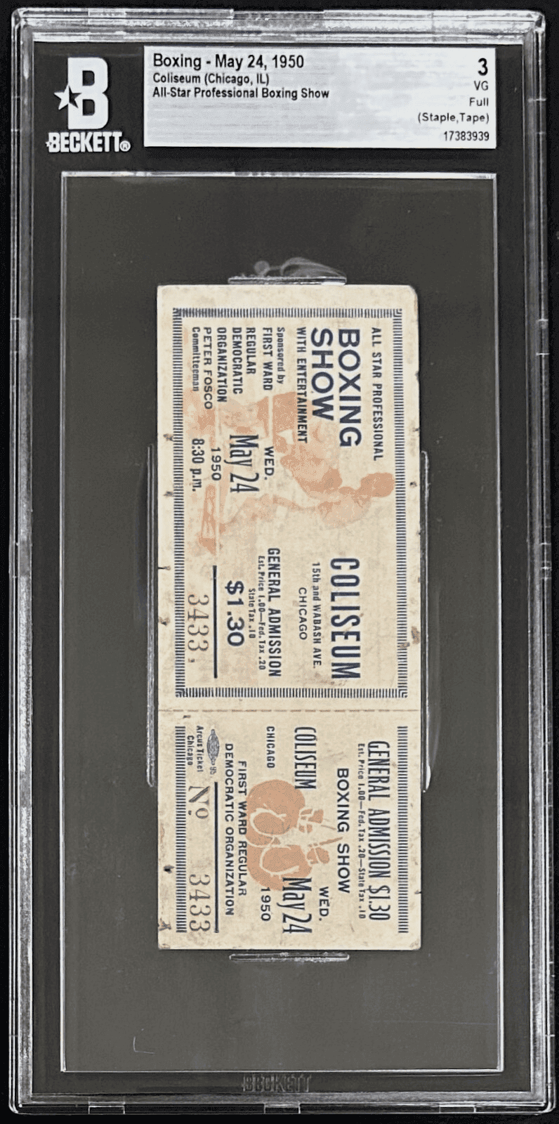 All Star Boxing Show 5/24/1950 Full Ticket BAS 3 VG Chicago Ticket Stub all-star-boxing-show-5-24, view 2, supplier stock photo