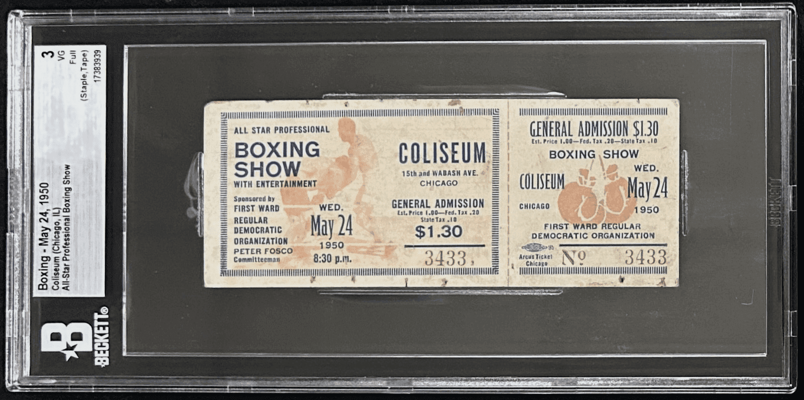 All Star Boxing Show 5/24/1950 Full Ticket BAS 3 VG Chicago Ticket Stub all-star-boxing-show-5-24, supplier stock photo