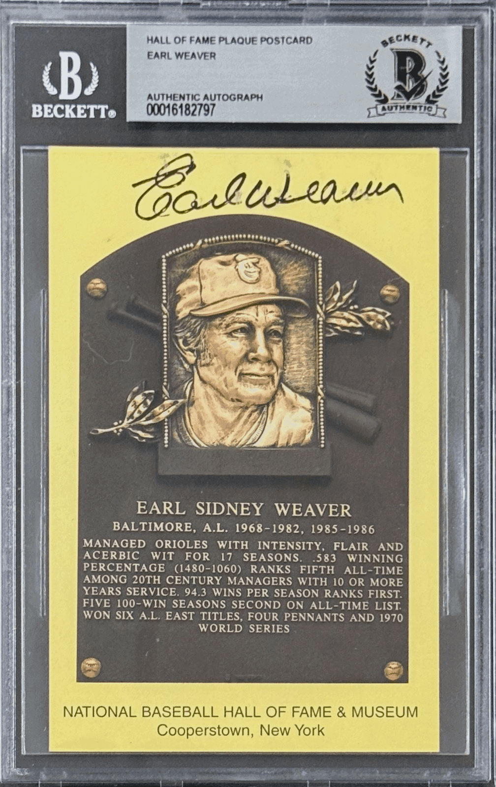 Earl Weaver Signed Autographed Hall of Fame Plaque Postcard Beckett 16182797 Earl Weaver Card 16182797, Atlanta Braves, supplier stock photo