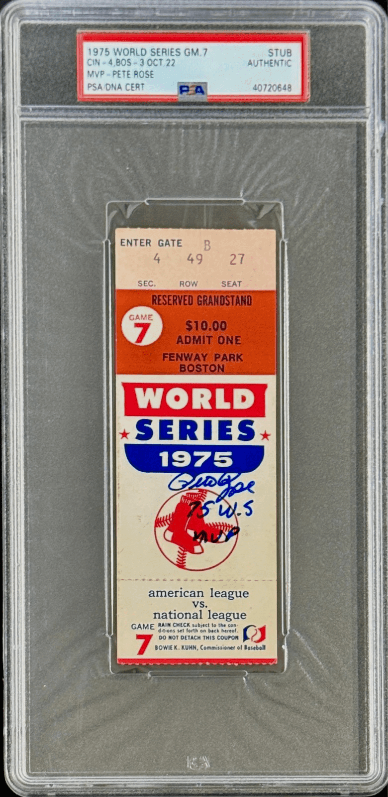 Pete Rose Signed 1975 Word Series Game 7 Ticket Stub PSA Authentic Rose WS MVP Pete Rose Ticket Stub pete-rose-1975-word-series-game, Cincinnati Reds, supplier stock photo