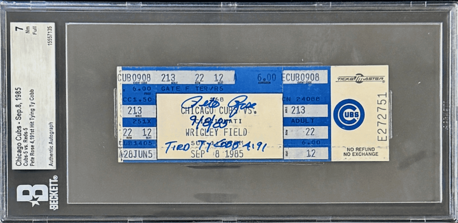 Pete Rose Signed Sep. 8, 1985 Reds Full Ticket Beckett 7 NM Tied Ty Cobb 4191 Pete Rose Ticket Stub pete-rose-sep-8-1985-full, Cincinnati Reds, supplier stock photo