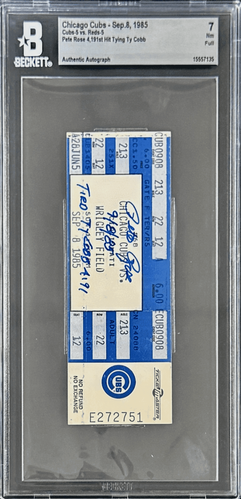 Pete Rose Signed Sep. 8, 1985 Reds Full Ticket Beckett 7 NM Tied Ty Cobb 4191 Pete Rose Ticket Stub pete-rose-sep-8-1985-full, Cincinnati Reds, view 2, supplier stock photo