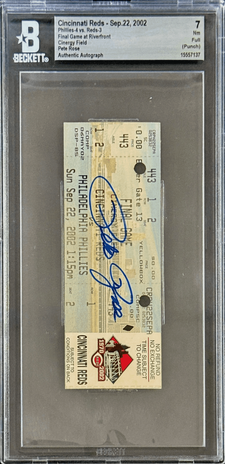 PETE ROSE AUTOGRAPHED FULL TICKET FINAL GAME AT RIVERFRONT 9/22/2002 Beckett 7NM Pete Rose Ticket Stub pete-rose-full-final-game-at, Cincinnati Reds, view 2, supplier stock photo
