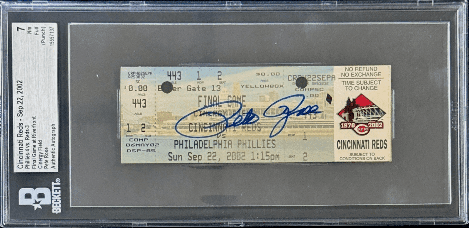 PETE ROSE AUTOGRAPHED FULL TICKET FINAL GAME AT RIVERFRONT 9/22/2002 Beckett 7NM Pete Rose Ticket Stub pete-rose-full-final-game-at, Cincinnati Reds, supplier stock photo
