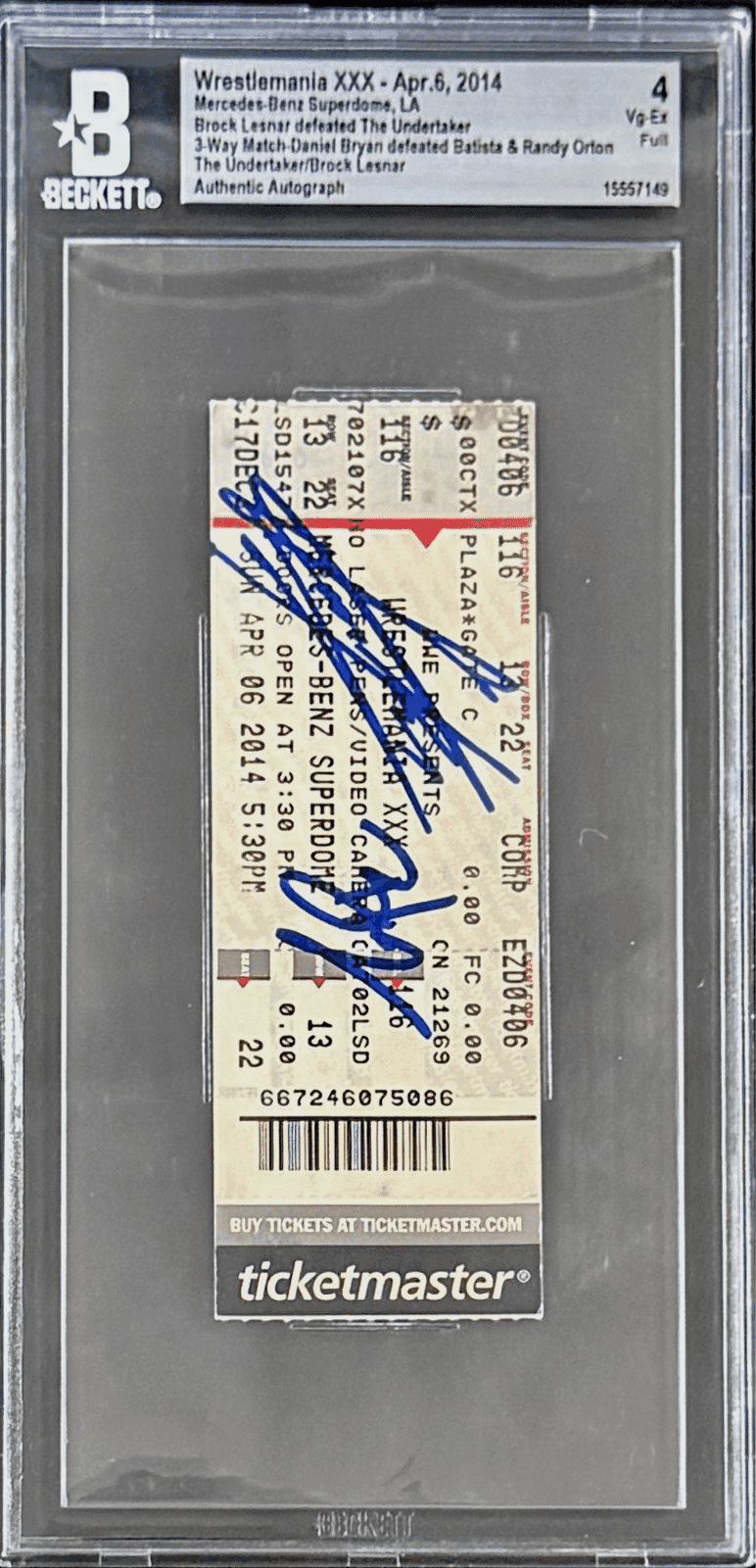 Undertaker Brock Lesnar Signed WWE WrestleMania XXX Ticket BAS End of Streak Brock Lesnar Ticket Stub undertaker-brock-lesnar-wwe-wrestlemania-xxx, view 2, supplier stock photo