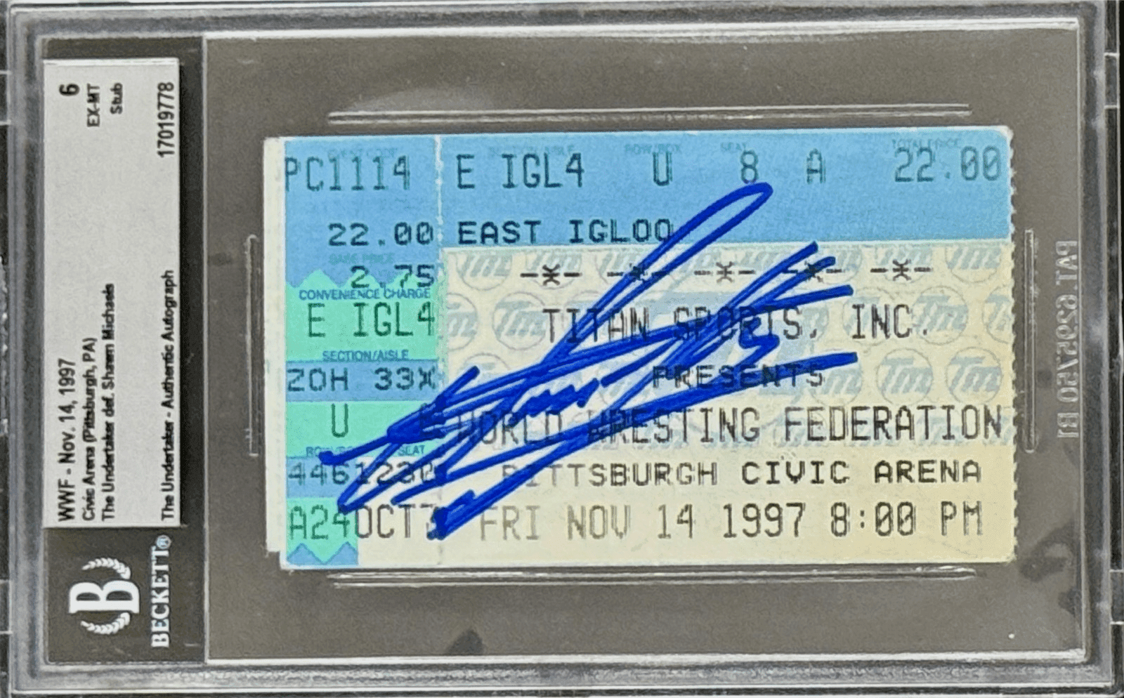 Undertaker Signed WWF November 14, 1997 Ticket Stub Beckett 6 Ex-MT 17019778 Undertaker Ticket Stub 17019778, supplier stock photo