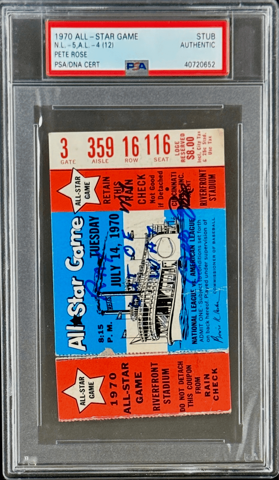 PETE ROSE 1970 ALL – STAR GAME SIGNED TICKET STUB PSA/DNA “Ray Out of My Way” Pete Rose Ticket Stub pete-rose-1970-all-star-game, Cincinnati Reds, view 2, supplier stock photo