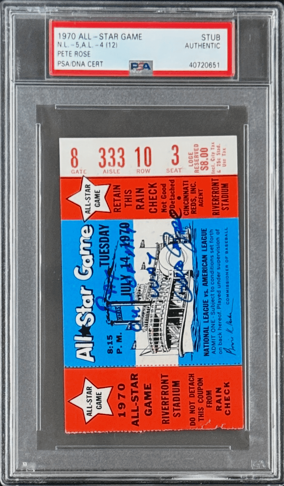 PETE ROSE 1970 ALL – STAR GAME SIGNED TICKET STUB PSA/DNA “Ray Out of My Way” Pete Rose Ticket Stub pete-rose-1970-all-star-game, Cincinnati Reds, view 2, supplier stock photo