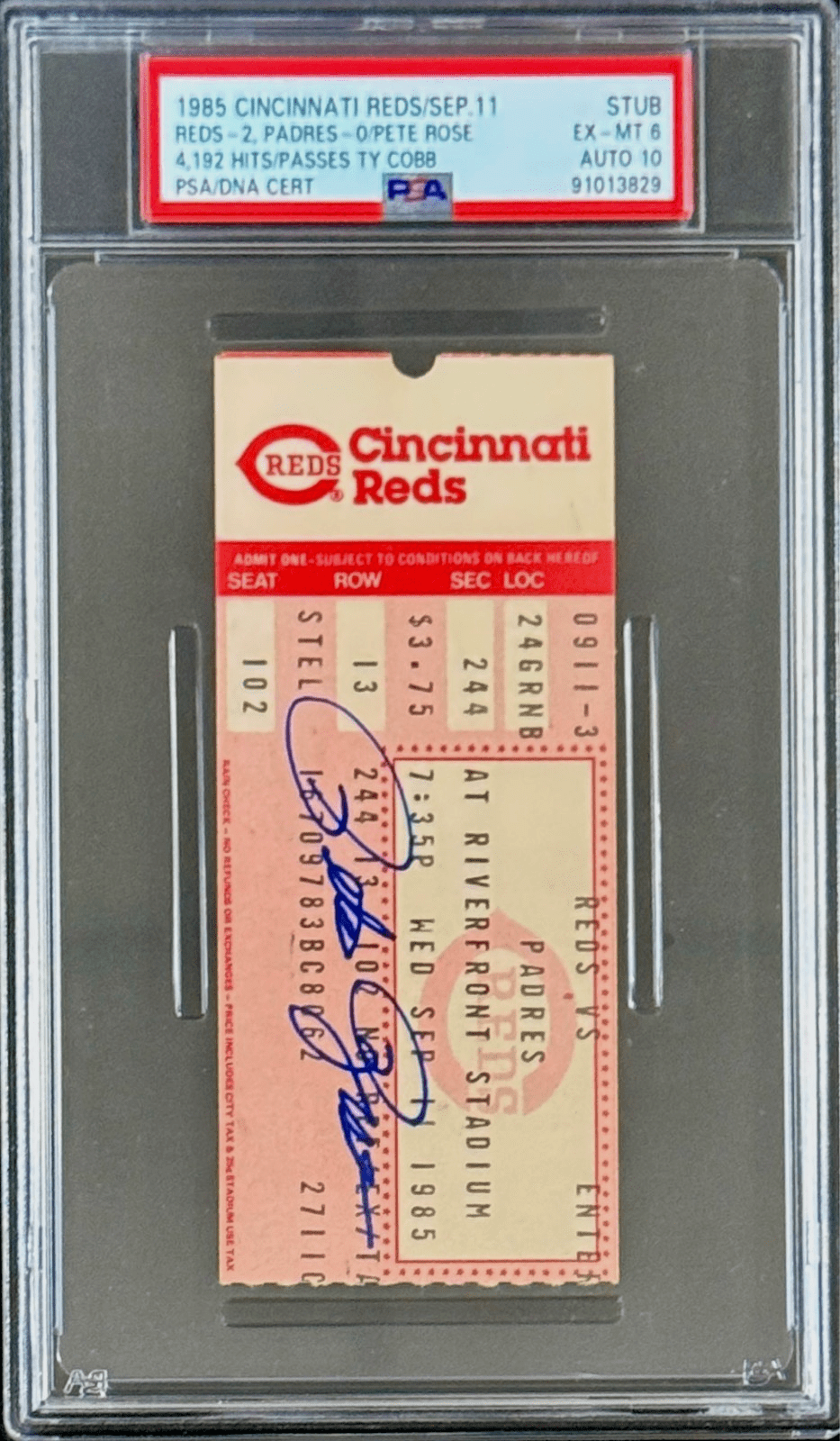 Pete Rose Signed Sep 11, 1985 Ticket Stub PSA 6 EX-MT Hit #4,192 Passing Ty Cobb Pete Rose Ticket Stub pete-rose-sep-11-1985-6, Cincinnati Reds, view 2, supplier stock photo