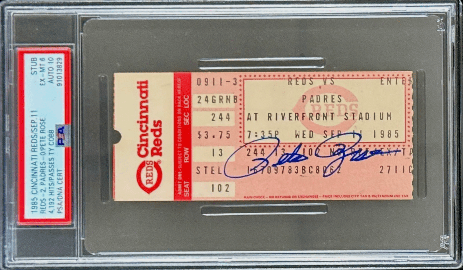 Pete Rose Signed Sep 11, 1985 Ticket Stub PSA 6 EX-MT Hit #4,192 Passing Ty Cobb Pete Rose Ticket Stub pete-rose-sep-11-1985-6, Cincinnati Reds, supplier stock photo