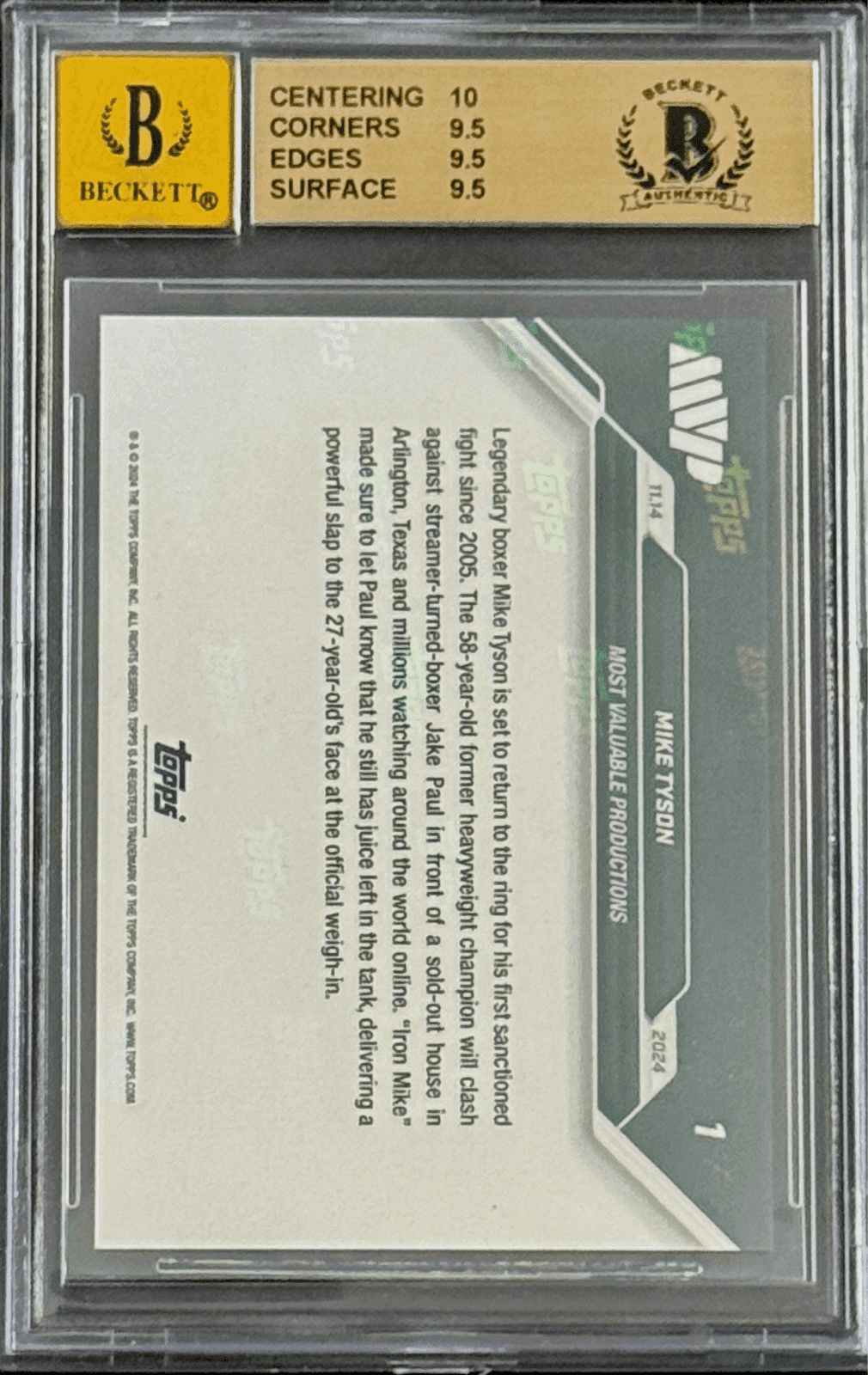 Mike Tyson Autographed 2024 Topps NOW Card BAS Gem Mint 9.5 & Auto 10 17715910 Mike Tyson Card 17715910, view 2, supplier stock photo