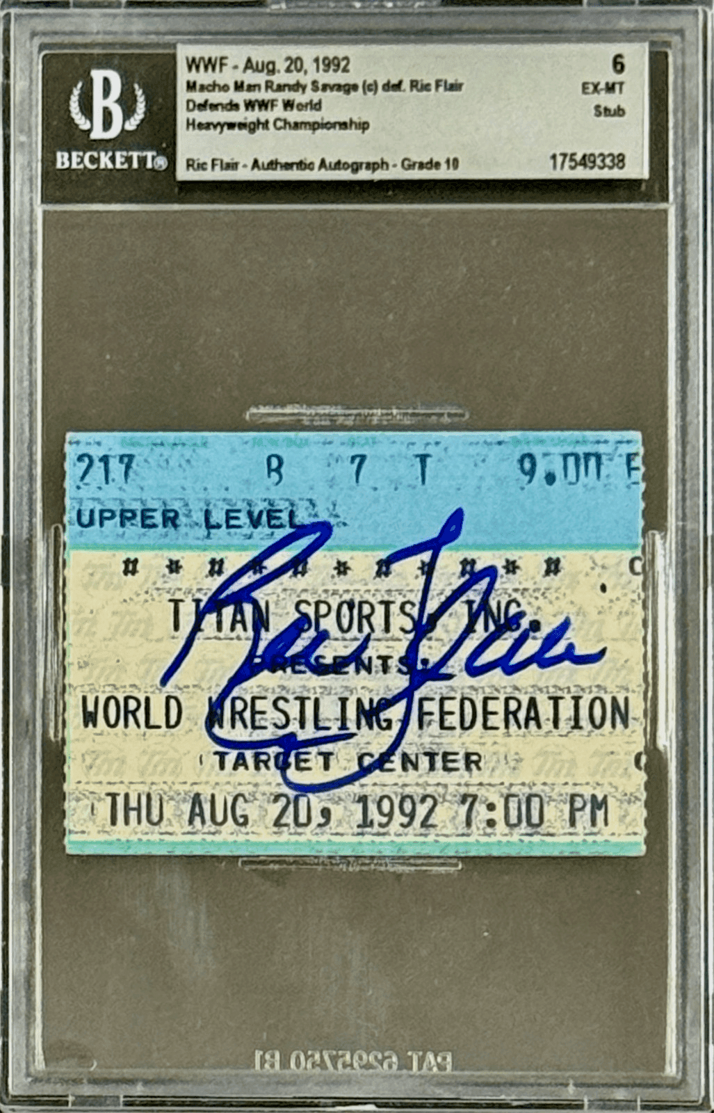 Ric Flair Signed WWF Aug. 20, 1992 Ticket Stub Beckett 6 Ex-Mt Auto 10 17549338 Ric Flair Ticket Stub 17549338, supplier stock photo