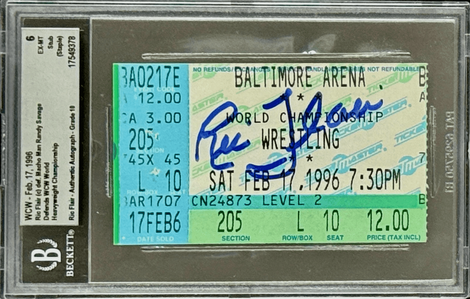 Ric Flair Signed WCW Feb. 17, 1996 Ticket Stub Beckett 6 Ex-Mt Auto 10 17549378 Ric Flair Ticket Stub 17549378, supplier stock photo