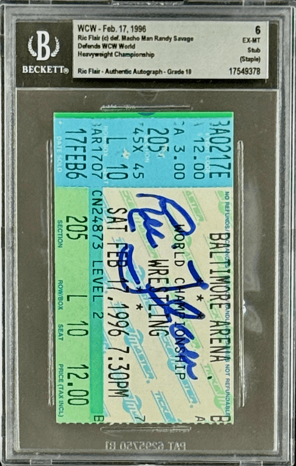 Ric Flair Signed WCW Feb. 17, 1996 Ticket Stub Beckett 6 Ex-Mt Auto 10 17549378 Ric Flair Ticket Stub 17549378, view 2, supplier stock photo