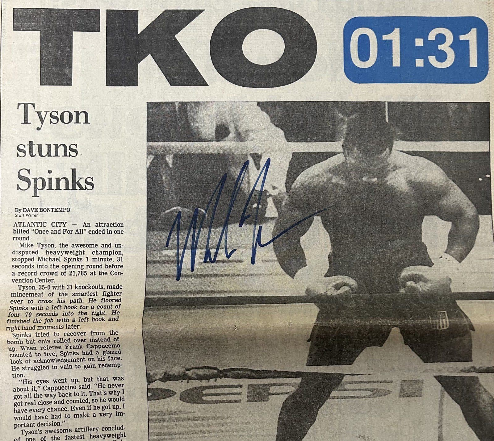 Mike Tyson Signed 6/28/1988 The Press New Jersey Newspaper JSA Spinks KO Mike Tyson Jersey mike-tyson-6-28-1988-press, view 2, supplier stock photo