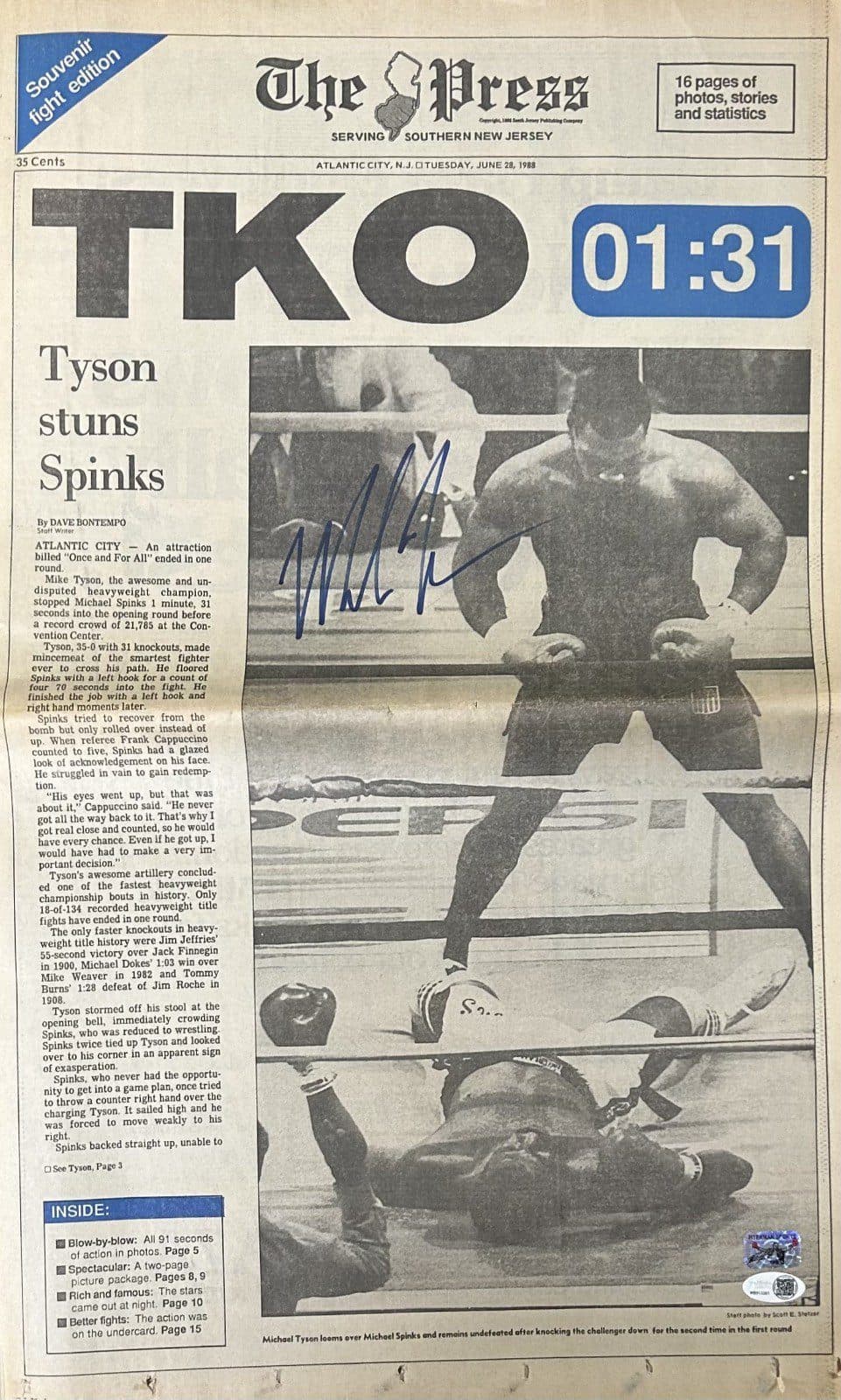 Mike Tyson Signed 6/28/1988 The Press New Jersey Newspaper JSA Spinks KO Mike Tyson Jersey mike-tyson-6-28-1988-press, supplier stock photo