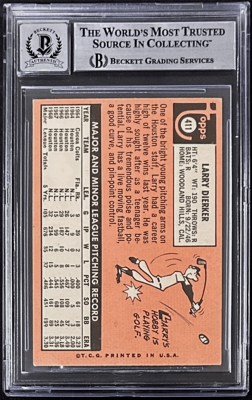 Larry Dierker Signed Autographed 1969 Topps Card #411 Beckett Auto 10 17085530 Larry Dierker Card 17085530, view 2, supplier stock photo