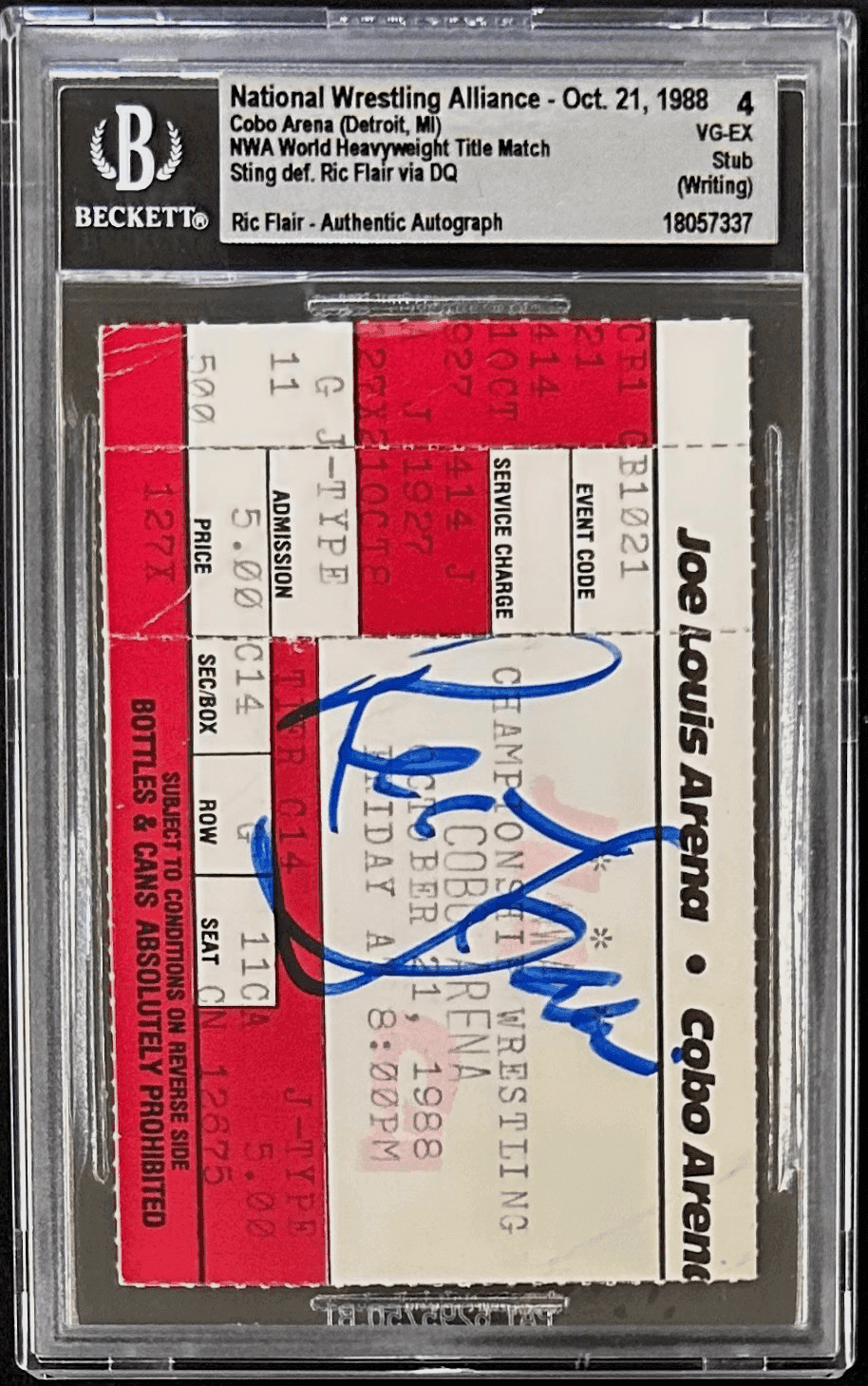 Ric Flair Signed NWA Oct. 21, 1988 Ticket Stub Beckett 4 VG-EX Auto 18057337 Ric Flair Ticket Stub 18057337, view 2, supplier stock photo