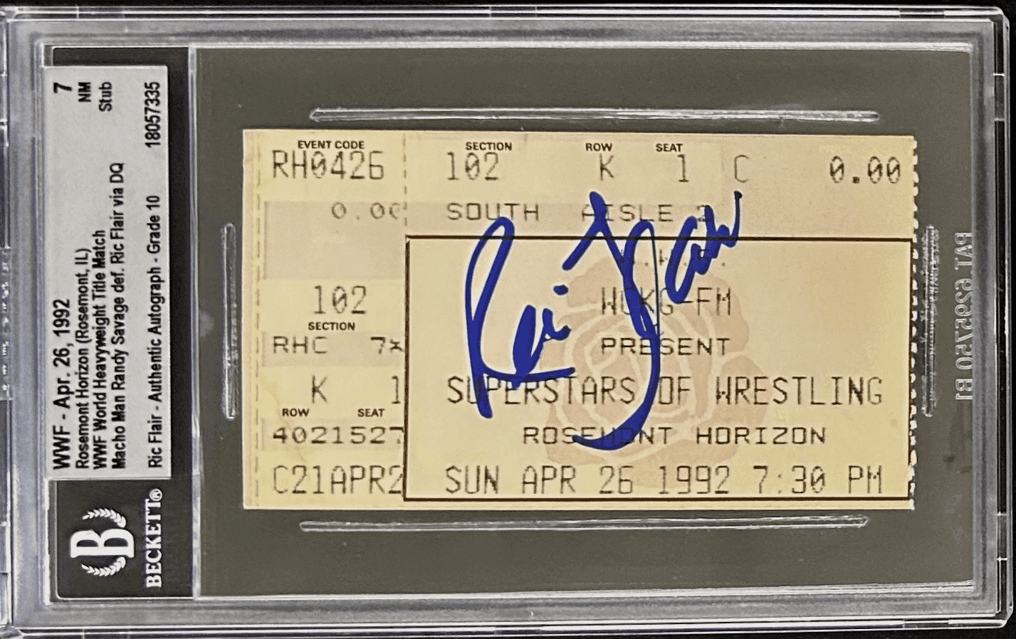 Ric Flair Signed WWF Apr. 26, 1992 Ticket Stub Beckett 7 NM Auto 10 18057335 Ric Flair Ticket Stub 18057335, supplier stock photo
