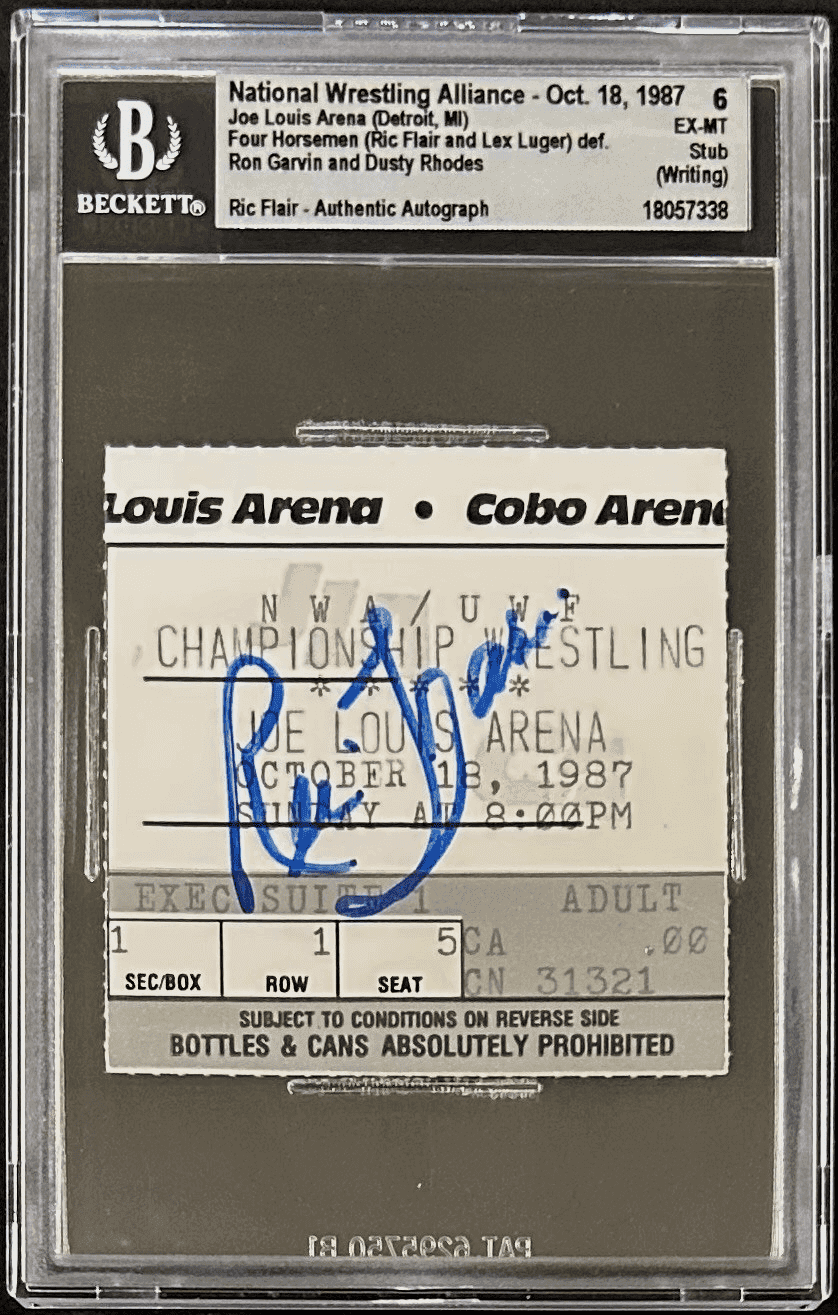Ric Flair Signed NWA Oct. 18, 1987 Ticket Stub Beckett 6 EX-MT 18057338 Ric Flair Ticket Stub 18057338, supplier stock photo